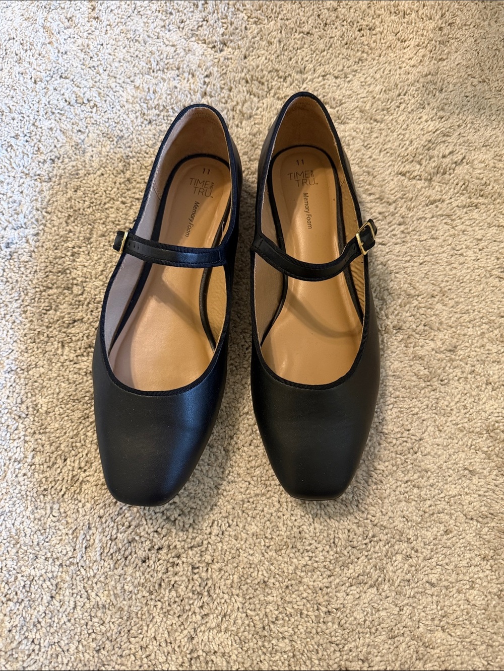 Time and Tru Black Square-Toe Mary Jane Flats with Buckle